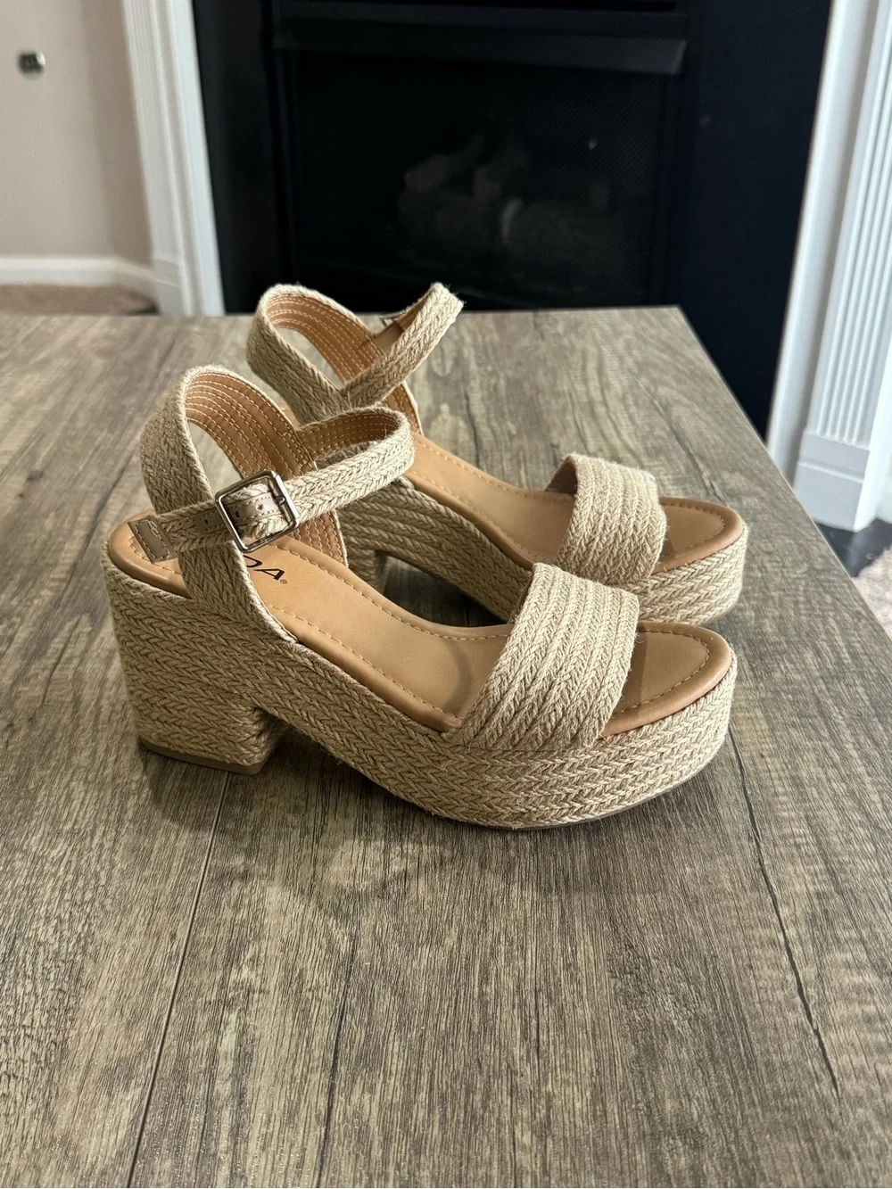 Women's Beige Woven Platform Sandals - Ankle Strap